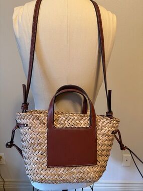 Mango Woven Straw Tote with Brown Leather Accents